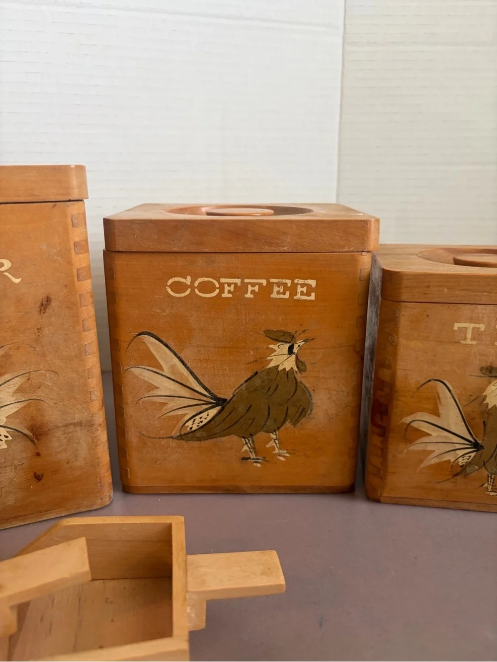 Vintage Wooden Sugar & Coffee Canister Set with Rooster Motif - Brown